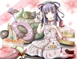 Rule 34 | 1girl, alternate costume, alternate hairstyle, bad hands, bangle, bracelet, cake, cake slice, candy, cd, crescent, crescent hair ornament, digital media player, doughnut, dress, female focus, flower, food, fork, fruit, hair ornament, hairclip, headphones, jewelry, kuroneko (fragrant olive), lace, mouth hold, patchouli knowledge, plate, purple eyes, purple hair, sitting, solo, strap slip, strawberry, strawberry shortcake, touhou