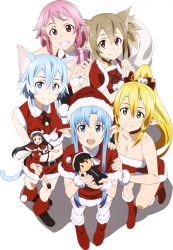 Rule 34 | 10s, 6+girls, absurdres, animal ears, asuna (sao), asuna (sao-alo), bell, belt, black eyes, black hair, black ribbon, blonde hair, blue eyes, blue hair, boots, box, breasts, brown hair, cat ears, cleavage, collar, collarbone, from above, fur-trimmed boots, fur boots, fur trim, gift, gift bag, gift box, green eyes, grin, hair ornament, hair ribbon, hat, highres, holding, kirito, kirito (sao-alo), large breasts, leafa, lisbeth (sao), lisbeth (sao-alo), long hair, looking at viewer, maeda tatsuyuki, midriff, mini person, minigirl, multiple girls, navel, open mouth, pink hair, pointy ears, ponytail, purple eyes, red eyes, red footwear, red hat, red skirt, ribbon, santa boots, santa costume, santa hat, short hair, silica, silica (sao-alo), simple background, sinon, sinon (sao-alo), skirt, smile, strapless, sword art online, thighhighs, thighs, white background, white thighhighs, yui (sao), yui (sao-alo)
