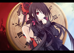 Rule 34 | 10s, 1girl, absurdres, back-to-back, bare shoulders, black dress, black hair, clock, clock eyes, clockwork, date a live, dress, dual persona, flower, guhua67, hairband, heterochromia, highres, letterboxed, lolita fashion, lolita hairband, long hair, looking at viewer, red eyes, ribbon, roman numeral, smile, symbol-shaped pupils, tokisaki kurumi, twintails, upper body, yellow eyes