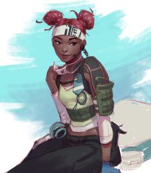 Rule 34 | 1girl, apex legends, black pants, blue gloves, breasts, brown eyes, cloud, commentary, dark-skinned female, dark skin, detached sleeves, double bun, english commentary, gloves, green tank top, hair bun, headband, headset, highres, jeremy anninos, lifeline (apex legends), looking to the side, pants, red hair, sitting, sketch, sky, small breasts, smile, solo, tank top, white headband