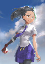 Rule 34 | 1girl, :d, black hair, black pantyhose, brown eyes, cloud, collared shirt, commentary request, creatures (company), day, eyelashes, freckles, game freak, gloves, green hair, holding, holding poke ball, morisawa machi, multicolored hair, necktie, nemona (pokemon), nintendo, open mouth, outdoors, pantyhose, poke ball, poke ball (basic), pokemon, pokemon sv, ponytail, purple necktie, purple shorts, shirt, shorts, single glove, sky, smile, solo, teeth, tongue, two-tone hair, upper teeth only