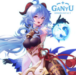Rule 34 | 1girl, ahoge, bare shoulders, bell, black gloves, black legwear, blue hair, breasts, character name, chinese knot, copyright name, detached sleeves, flower knot, ganyu (genshin impact), genshin impact, gloves, gold trim, highres, horns, long hair, looking at viewer, low ponytail, medium breasts, multicolored eyes, neck bell, orb, pelvic curtain, qilin (mythology), red rope, rope, ruvazro, sidelocks, smile, solo, standing, tassel, thighlet, vision (genshin impact), white background, white sleeves, wide sleeves