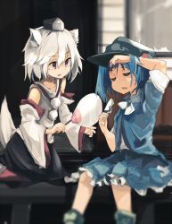 Rule 34 | 2girls, animal ears, blue hair, blurry, detached sleeves, closed eyes, hand fan, fang, food, hat, highres, hizakozouzu, inubashiri momiji, kawashiro nitori, long sleeves, looking at another, multiple girls, open mouth, paper fan, pom pom (clothes), popsicle, red eyes, seiza, shirt, short sleeves, sitting, skirt, skirt set, sweat, tail, tokin hat, touhou, twintails, uchiwa, white hair, wide sleeves, wolf ears, wolf tail