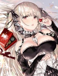 Rule 34 | 1girl, azur lane, bare shoulders, between breasts, black dress, blush, box, breasts, candy, chocolate, chocolate heart, cleavage, collarbone, dress, earrings, food, formidable (azur lane), frilled dress, frills, gift, gift box, grey hair, hair ribbon, heart, highres, jewelry, large breasts, long hair, looking at viewer, lying, on back, open mouth, red eyes, ribbon, solo, temir, twintails, two-tone dress, two-tone ribbon, valentine, very long hair