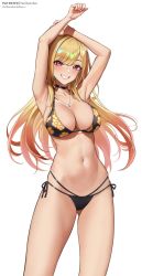 Rule 34 | 1girl, armpits, arms up, bikini, black bikini, blonde hair, blush, breasts, choker, cleavage, collarbone, commentary, cowboy shot, floral print, highres, jewelry, kitagawa marin, large breasts, long hair, looking at viewer, multicolored hair, navel, necklace, open mouth, pantheon eve, patreon username, print bikini, red eyes, red hair, smile, solo, sono bisque doll wa koi wo suru, swimsuit, teeth, watermark, web address