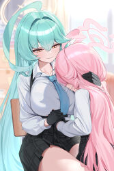 Rule 34 | 2girls, absurdres, ahoge, black gloves, black skirt, blue archive, breasts, closed mouth, collared shirt, crying, gloves, green hair, hair between eyes, halo, highres, hoshino (blue archive), large breasts, long hair, long sleeves, multiple girls, open mouth, pink hair, pink halo, pleated skirt, sgholln, shirt, skirt, small breasts, smile, white shirt, yellow halo, yume (blue archive)