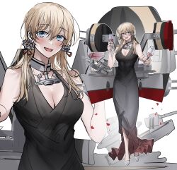Rule 34 | 1girl, alternate costume, anchor hair ornament, aqua eyes, black dress, blonde hair, breasts, choker, cleavage, commission, cup, dress, drinking glass, full body, gun, hair ornament, high heels, highres, ichimonme (ichi), kantai collection, large breasts, long hair, looking at viewer, low twintails, multiple views, prinz eugen (kancolle), simple background, solo, turret, twintails, weapon, white background, white footwear, wine glass