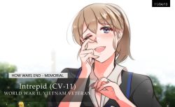 Rule 34 | 1girl, blue eyes, brown hair, commentary request, dongsa wonhyong, hair between eyes, intrepid (kancolle), kantai collection, long hair, looking at viewer, open mouth, ponytail, shirt, short hair, smile, solo, washington monument