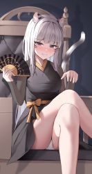 Rule 34 | 1girl, absurdres, animal ears, bad id, bad pixiv id, blue eyes, blush, breasts, chair, commission, feet out of frame, folding fan, grey hair, grin, hand fan, highres, large breasts, long hair, looking at viewer, original, panties, parted lips, redshark (t373412), sitting, smile, solo, tail, thighs, underwear, white panties