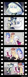 Rule 34 | 4girls, 5koma, :/, :3, absurdres, anger vein, animal ears, barefoot, bird wings, black footwear, black headwear, black necktie, blonde hair, bloomers, blouse, blue dress, blue hair, boots, brown headwear, cabbie hat, chair, chinese commentary, comic, commentary, corded phone, dango, door, dress, feathered wings, film reel, food, green eyes, green hair, green skirt, hand in pocket, hat, hat ribbon, heart, heart of string, highres, holding, holding phone, jacket, kishin sagume, ko kita, komeiji koishi, long hair, long sleeves, lop rabbit ears, meme, multiple girls, navel, necktie, on chair, open clothes, open jacket, phone, pointing, poptepipic, puffy shorts, purple dress, rabbit ears, rabbit tail, red eyes, ribbon, ringo (touhou), scowl, seiran (touhou), shirt, short hair, shorts, silent comic, single wing, skirt, square mouth, sweatdrop, tail, third eye, tom and jerry, touhou, underwear, v-shaped eyebrows, wagashi, weibo logo, weibo watermark, white bloomers, white hair, white jacket, wings, yellow ribbon, yellow shirt, yellow shorts