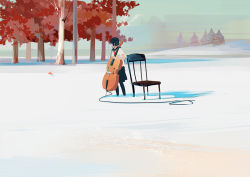 Rule 34 | 1girl, bangqiao yan, cello, chair, check commentary, commentary request, instrument, looking to the side, original, outdoors, school uniform, shadow, short hair, short sleeves, skirt, solo, tree, uniform