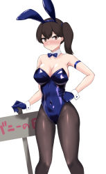Rule 34 | 1girl, animal ears, black pantyhose, blue gloves, blue leotard, blush, breasts, brown eyes, brown hair, cleavage, closed mouth, detached collar, fake animal ears, feet out of frame, gloves, hair between eyes, kaga (kancolle), kantai collection, large breasts, leotard, long hair, pantyhose, rabbit ears, sasakura (calicchio), side ponytail, sign, simple background, solo, strapless, strapless leotard, white background, wrist cuffs