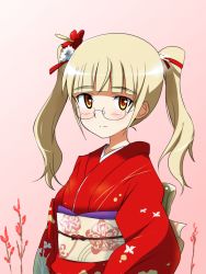Rule 34 | 1girl, alternate costume, alternate hairstyle, blonde hair, flower, glasses, hair flower, hair ornament, hair ribbon, japanese clothes, kimono, looking at viewer, orange eyes, perrine h. clostermann, ribbon, solo, strike witches, twintails, world witches series, yumekaranigeruna