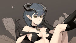 Rule 34 | 1girl, black choker, black gloves, black wings, breasts, choker, closed mouth, colored sclera, demon girl, demon horns, demon wings, gloves, gogalking, grey hair, grey sclera, hand up, highres, horns, jewelry, crossed legs, legs up, looking at viewer, medium hair, original, pendant, slit pupils, small breasts, solo, wings, yellow eyes