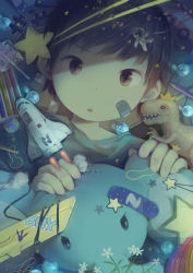 Rule 34 | 1boy, bandaid, bedroom, commentary request, crown, dinosaur, from above, looking at viewer, looking up, male focus, messy, noeyebrow (mauve), original, pencil, short hair, star (symbol), toy