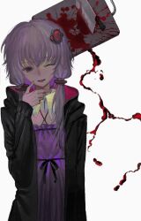 1girl black_hoodie blood cleaver dress hair_ornament hand_up highres hood hood_down hoodie long_sleeves looking_at_viewer one_eye_closed open_clothes open_hoodie purple_dress purple_eyes purple_hair short_hair_with_long_locks smile solo voiceroid watchfultrout66 white_background yuzuki_yukari