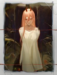 Rule 34 | 1girl, arms behind back, blonde hair, border, chainsaw man, closed mouth, demon girl, demon horns, highres, horns, kernel killer, leaf, long hair, looking at viewer, orange eyes, oversized clothes, oversized shirt, power (chainsaw man), shirt, signature, solo, tree, white border, white shirt
