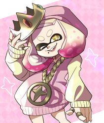 Rule 34 | + +, 1girl, argyle, argyle background, argyle clothes, cowboy shot, crown, gem, gold necklace, green gemstone, highres, holding, holding crown, hood, hoodie, inkling, jacket, jewelry, long sleeves, looking at viewer, loveycloud, mole, mole under mouth, multicolored clothes, multicolored hair, multicolored jacket, multiple rings, necklace, nintendo, one eye closed, open mouth, outline, oversized object, pearl (splatoon), pink background, pink hair, pink jacket, red gemstone, ring, short hair, solo, splatoon (series), splatoon 2, splatoon 2: octo expansion, star (symbol), suction cups, tentacle hair, thick eyebrows, tooth, two-tone jacket, white hair, white outline, yellow eyes, yellow jacket