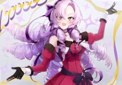 Rule 34 | 1girl, bare shoulders, black gloves, breasts, character name, chest tattoo, choker, claw ring, collarbone, detached sleeves, dress, drill hair, gloves, hair ornament, hair ribbon, highres, hyakumantenbara salome, hyakumantenbara salome (1st costume), juliet sleeves, large breasts, long hair, long sleeves, milestone celebration, monyo0303, nijisanji, open mouth, puffy sleeves, purple choker, purple eyes, purple ribbon, red dress, ribbon, solo, sparkle background, sparkling eyes, tattoo, two-tone ribbon, virtual youtuber