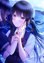 Rule 34 | 2girls, absurdres, black hair, black ribbon, bow, bowtie, collared shirt, hair ornament, hair ribbon, hairpin, hand on another&#039;s face, highres, kuro namako, looking at another, multiple girls, original, outdoors, purple eyes, red bow, red bowtie, ribbon, shirt, short sleeves, tears, two side up, white shirt, yuri