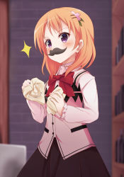 Rule 34 | 1girl, bassa, black skirt, blush, bow, bowtie, breasts, brick wall, buttons, collared shirt, cowboy shot, cup, drinking glass, drying, fake facial hair, fake mustache, gochuumon wa usagi desu ka?, hair ornament, hairclip, highres, holding, holding cup, holding drinking glass, hoto cocoa, indoors, long sleeves, looking at viewer, nail polish, orange hair, paper towel, pink shirt, pink vest, purple eyes, rabbit house uniform, red bow, red bowtie, shirt, short hair, skirt, small breasts, solo, sparkle, vest, waitress, wine glass