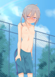 Rule 34 | 1girl, absurdres, blue male swimwear, blue sky, blue swim trunks, blurry, blurry background, blush, character request, crossdressing, embarrassed, female focus, grey hair, highres, m200 (girls&#039; frontline), male swimwear, male swimwear challenge, medium hair, nipples, ochazuke, open mouth, pink eyes, sky, solo, source request, standing, swim trunks, swimsuit, tagme, topless