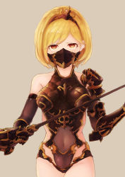 Rule 34 | 10s, 1girl, blonde hair, breasts, commentary, covered navel, djeeta (granblue fantasy), granblue fantasy, hairband, holding, holding sword, holding weapon, leotard, mask, medium breasts, mouth mask, see-through, short hair, solo, sword, vambraces, wakaba (945599620), weapon, yellow eyes