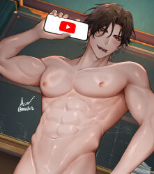 1boy abs absurdres asa_ifrit_(asaifrit) brown_hair cellphone completely_nude highres holding holding_phone honkai:_star_rail honkai_(series) male_focus mr._reca_(honkai:_star_rail) multicolored_hair muscular muscular_male navel nipples nude open_mouth phone red_eyes short_hair smartphone smile solo stomach tongue tongue_out topless_male white_hair youtube youtube_logo