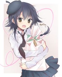 Rule 34 | 10s, 1girl, anzio school uniform, bad id, bad twitter id, beret, black hair, black hat, black skirt, blush, braid, brown eyes, commentary, dated, dress shirt, fang, getsumen suibaku ver. a(c), gift, girls und panzer, hair tie, happy birthday, hat, highres, holding, holding gift, italian text, light blush, long sleeves, looking at viewer, loose necktie, miniskirt, necktie, open mouth, outside border, pepperoni (girls und panzer), pleated skirt, school uniform, shirt, short hair, side braid, skirt, smile, solo, standing, twitter username, upper body, white shirt
