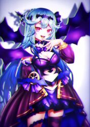 Rule 34 | 1girl, blue hair, breasts, chaos aurora (grimms notes), grimms notes, hair ribbon, hairband, hand up, highres, light blue hair, long hair, medium breasts, messy hair, midriff, navel, open mouth, purple ribbon, purple socks, red eyes, ribbon, simple background, single sock, skirt, smile, socks, solo, standing, teeth, thorns, tukkii 706041, upper teeth only, wheel