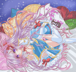 Rule 34 | 1girl, arch bishop (ragnarok online), bed, black footwear, blue dress, blush, bow, breasts, cat pinch, chinese commentary, cleavage, cleavage cutout, clothing cutout, commentary, cross, dress, dress bow, flower, foot out of frame, frilled dress, frilled sleeves, frills, gluteal fold, hair flower, hair ornament, hair ribbon, high heels, highres, juliet sleeves, large breasts, long hair, long sleeves, looking at viewer, official alternate costume, open mouth, panties, pillow, pink flower, pink hair, pink panties, pointy ears, print pillow, puffy sleeves, purple eyes, ragnarok online, red bow, red ribbon, ribbon, solo, star (symbol), star print, thighhighs, two-tone dress, underwear, very long hair, white dress, white thighhighs