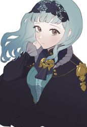 Rule 34 | 1girl, black cape, black hairband, blue dress, blue hair, blunt bangs, blush, brown eyes, cape, center frills, closed mouth, commentary request, dress, fire emblem, fire emblem: three houses, fire emblem warriors: three hopes, floating hair, frills, hairband, highres, lace hairband, long hair, long sleeves, looking at viewer, marianne von edmund, nintendo, official alternate costume, official alternate hairstyle, repepepic, simple background, solo, upper body, wavy hair, white background
