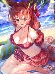 Rule 34 | 1girl, :d, absurdres, animal ears, antenna hair, bare shoulders, barefoot, bikini, bikini skirt, blush, bow, bracelet, breasts, brown hair, cleavage, collarbone, commentary request, daiwa scarlet (trifle vacation) (umamusume), daiwa scarlet (umamusume), fang, frilled bikini, frills, hair bow, hair intakes, highres, horse ears, innertube, jewelry, large breasts, leg ribbon, lens flare, long hair, looking at viewer, low twintails, navel, official alternate costume, official alternate hairstyle, open mouth, red bikini, red bow, red eyes, red ribbon, ribbon, sitting, skin fang, smile, solo, stomach, swim ring, swimsuit, twintails, umamusume, very long hair, wanderlucia, water, yokozuwari
