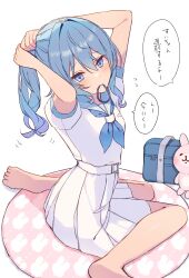Rule 34 | 1girl, arms behind head, bag, barefoot, blue eyes, blue hair, blue sailor collar, blush, closed mouth, commentary request, hair between eyes, hair tie in mouth, highres, hololive, hoshimachi suisei, hoshimachi suisei (school uniform), kohaku (csacu), long hair, long sleeves, looking at viewer, mouth hold, official alternate costume, pleated skirt, sailor collar, school bag, school uniform, serafuku, shirt, short sleeves, sitting, skirt, solo, speech bubble, star (symbol), star in eye, symbol in eye, translation request, tying hair, virtual youtuber, wariza, white serafuku, white shirt, white skirt