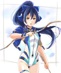 Rule 34 | 1girl, :o, arrow (projectile), blue bow, blue hair, blue jacket, bow, bow (weapon), cowboy shot, floating hair, hair between eyes, hair bow, high ponytail, highres, holding, holding arrow, holding bow (weapon), holding weapon, jacket, long hair, long sleeves, love live!, love live! school idol project, one-piece swimsuit, open clothes, open jacket, open mouth, sketch, solo, sonoda umi, standing, swimsuit, thigh strap, urutsu sahari, very long hair, weapon, yellow eyes