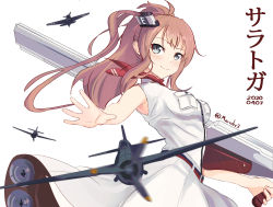 Rule 34 | 1girl, aircraft, airplane, armpits, blue eyes, blurry, breast pocket, breasts, brown hair, character name, cowboy shot, dated, depth of field, dress, flight deck, hair between eyes, highres, kantai collection, large breasts, looking at viewer, maridix, neckerchief, pocket, ponytail, red neckerchief, saratoga (kancolle), side ponytail, sidelocks, simple background, smokestack, smokestack hair ornament, solo, twitter username, white background, white dress