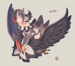 Rule 34 | 1girl, bare shoulders, bird, bird tail, black hair, brown eyes, commentary request, creatures (company), dress, game freak, gen 4 pokemon, grey background, kuromiya, long hair, looking at viewer, multicolored hair, nintendo, off-shoulder dress, off shoulder, parted lips, personification, pokedex number, pokemon, pokemon (creature), red hair, simple background, staraptor, tail, two-tone hair, v-shaped eyebrows, white dress, white hair