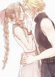 Rule 34 | 1boy, 1girl, absurdres, aerith gainsborough, ancotsubu, bare arms, bare shoulders, belt, blonde hair, blouse, blue eyes, blue pants, blue shirt, blush, bracelet, braid, braided ponytail, brown hair, buttons, cloud strife, couple, dress, final fantasy, final fantasy vii, final fantasy vii remake, finger to another&#039;s mouth, hair ribbon, hands on another&#039;s waist, hetero, highres, jacket, unworn jacket, jewelry, long dress, long hair, pants, parted bangs, pink dress, pink ribbon, ribbon, shirt, sidelocks, spiked hair, square enix, wavy hair, white background