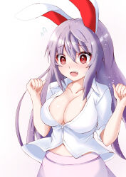 Rule 34 | 1girl, :d, absurdres, animal ears, blush, breasts, cleavage, fang, flying sweatdrops, hair between eyes, hands up, highres, komori hiki16, large breasts, looking down, open mouth, purple hair, rabbit ears, red eyes, reisen udongein inaba, shirt, simple background, smile, solo, touhou, white background, white shirt, wing collar