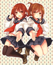 Rule 34 | 10s, 2girls, black legwear, brown eyes, brown hair, fang, folded ponytail, hair ornament, hairclip, ikazuchi (kancolle), kantai collection, locked arms, long sleeves, looking at viewer, multiple girls, neckerchief, one-hour drawing challenge, open mouth, personification, pleated skirt, red neckerchief, school uniform, serafuku, short hair, skirt, thighhighs, toosaka asagi, zettai ryouiki