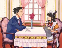 Rule 34 | 1boy, 1girl, :d, ace attorney, apron, armchair, back bow, beads, black hair, blue jacket, blue pants, blue suit, blunt bangs, bouquet, bow, bowtie, chair, clenched teeth, closed eyes, collared dress, collared shirt, curtains, dress, flower, formal, frilled apron, frills, hair beads, hair ornament, highres, holding, holding tray, indoors, jacket, lapels, long hair, long sleeves, looking at another, low-tied sidelocks, maid, maid apron, maid headdress, maya fey, necktie, open mouth, orange dress, pants, phoenix wright, pink flower, pink necktie, profile, puffy short sleeves, puffy sleeves, red bow, red bowtie, renshu usodayo, rose, shirt, short dress, short hair, short sleeves, sitting, smile, spiked hair, suit, suit jacket, table, teeth, topknot, tray, tres bien maid uniform, vase, white apron, white bow, white shirt, window