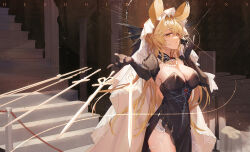 Rule 34 | 1girl, animal ears, arknights, black dress, black sleeves, blonde hair, breasts, cleavage, commentary, cowboy shot, detached sleeves, dorothy (arknights), dorothy (hand of destiny) (arknights), dress, floating, floating object, floating sword, floating weapon, hand up, headpiece, highres, hongbaise raw, indoors, jewelry, large breasts, long hair, looking at viewer, mouse ears, mouse girl, necklace, official alternate costume, pearl necklace, puffy sleeves, side slit, solo, stairs, sword, veil, weapon, yellow eyes