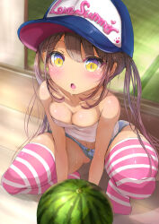 1girl :o absurdres bare_shoulders baseball_cap blue_shorts blush breasts brown_hair cleavage collarbone denim denim_shorts food fruit full_body gluteal_fold hat highres long_hair looking_at_viewer medium_breasts ninyo_(user_pddg5877) original pink_thighhighs shirt short_shorts shorts solo strapless strapless_shirt striped_clothes striped_thighhighs sweat thighhighs thighs twintails watermelon white_shirt yellow_eyes