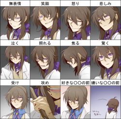 Rule 34 | 1boy, alternate hairstyle, annoyed, bad id, bad pixiv id, blood, bow, bowtie, brown hair, chart, close-up, damurushi, expressions, glasses, hatoful kareshi, isa souma, iwamine shuu, knife, lab coat, long hair, looking at viewer, male focus, multiple views, open mouth, personification, purple eyes, red-framed eyewear, serious, silverpop night, smile, spoilers, teeth, tongue, weapon