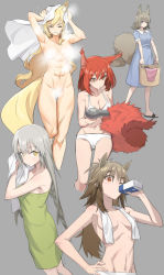 Rule 34 | 5girls, abs, alternate costume, animal ear fluff, animal ears, arknights, armpits, arms up, ashlock (arknights), bare arms, bare shoulders, basket, blonde hair, blue dress, bra, breasts, brown eyes, brown hair, cleavage, closed eyes, collarbone, completely nude, convenient censoring, cropped legs, dress, drinking, drying, drying hair, fartooth (arknights), feather hair, flametail (arknights), full body, grey background, hair dryer, hand on own hip, highres, holding, holding basket, horse ears, horse girl, horse tail, large tail, liang chan xing make tu, long hair, looking at viewer, medium breasts, milk carton, multiple girls, muscular, muscular male, naked towel, navel, nearl (arknights), nearl the radiant knight (arknights), nude, one eye closed, panties, parted lips, ponytail, red eyes, red hair, short hair, short sleeves, silver hair, simple background, slippers, smile, squirrel ears, squirrel girl, squirrel tail, standing, steam, steam censor, stomach, tail, topless, towel, towel around neck, underwear, underwear only, very long hair, white bra, white panties, wild mane (arknights), yellow eyes