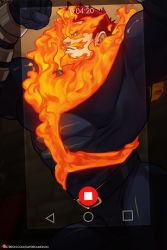 Rule 34 | 1boy, bara, beard, blue bodysuit, bodysuit, boku no hero academia, bulge, covered abs, covered navel, cowboy shot, endeavor (boku no hero academia), facial hair, fiery hair, fire, flexing, from side, jimsdaydreams, large pectorals, looking at viewer, male focus, mature male, muscular, muscular male, pectorals, pov, profile, recording, short hair, sideburns, solo, thick thighs, thighs, viewfinder