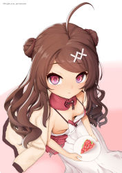 Rule 34 | 1girl, absurdres, ahoge, azur lane, beige jacket, breasts, brown hair, closed mouth, commentary request, double bun, dress, dutch angle, evening gown, food, foreshortening, from above, hair bun, hair ornament, highres, holding, holding plate, kakure animani, long hair, looking at viewer, nipple slip, nipples, off shoulder, ping hai (azur lane), ping hai (delicious crimson) (azur lane), pink dress, pink eyes, plate, sidelocks, skirt, small breasts, smile, solo, swept bangs, tart (food), twitter username, wavy hair, white skirt, x hair ornament