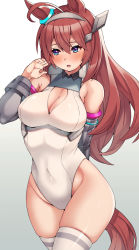 Rule 34 | 1girl, absurdres, ahoge, animal ears, blue eyes, breasts, brown hair, cleavage, commentary request, cowboy shot, detached sleeves, gradient background, grey background, hairband, highres, horse ears, horse girl, horse tail, large breasts, leotard, long hair, looking to the side, mihono bourbon (umamusume), neokinayo, ponytail, solo, standing, tail, thighhighs, umamusume, white leotard, white thighhighs