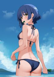 Rule 34 | 1girl, absurdres, ass, bikini, black bikini, blue hair, blue sky, bocchi the rock!, cloud, commentary request, cowboy shot, day, from behind, green eyes, highres, holding, kinomiki, looking at viewer, looking back, mole, mole under eye, mouth hold, outdoors, short hair, side-tie bikini bottom, sky, solo, swimsuit, water, yamada ryo