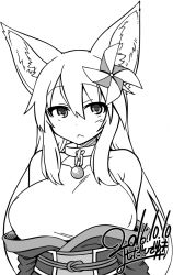 Rule 34 | 1girl, :&lt;, animal ears, bare shoulders, breasts, chain, choker, closed mouth, collar, collarbone, dated, greyscale, hair between eyes, hair ornament, halterneck, japanese clothes, kimono, large breasts, long hair, looking at viewer, monochrome, obi, off shoulder, original, pinwheel, sash, sidelocks, signature, simple background, sleeveless, solo, upper body, white background, windmill, yoshida hideyuki